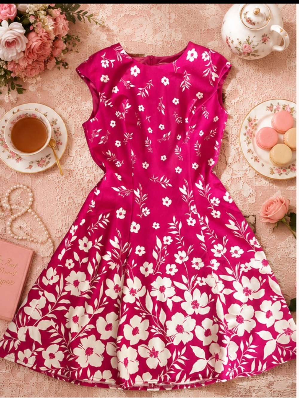 London Times Floral Print Cap Sleeve Fit and Flare Dress